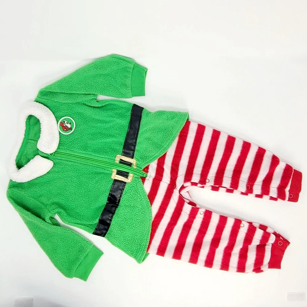 Buc-ee's Christmas Elf Fleece Romper Infant 9-12M Green Red Striped Good